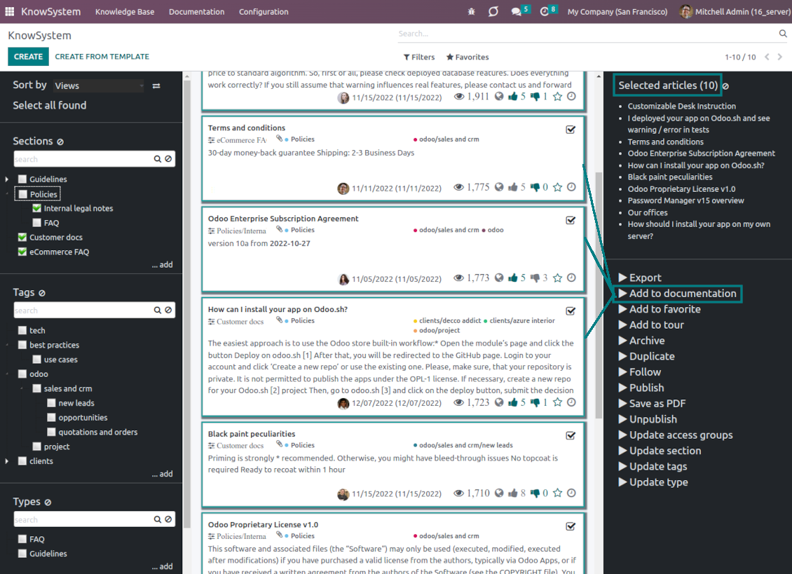 KnowSystem articles: mass adding to documentation