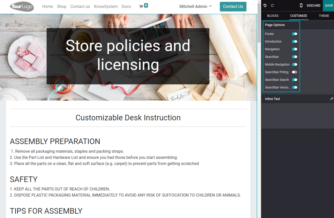 Documentation content configurable view