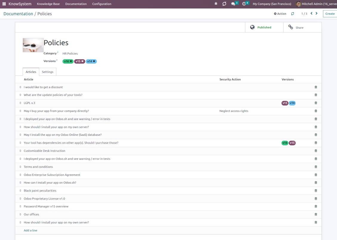 Documentation section settings