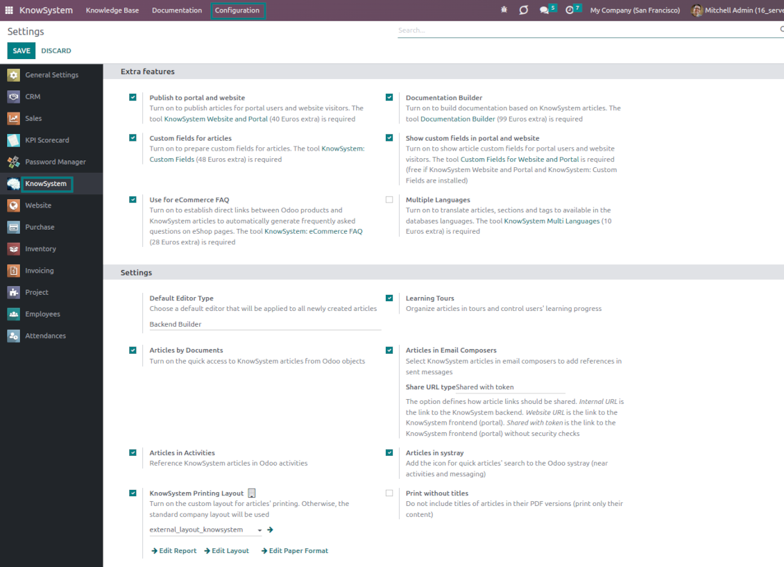 Odoo knowledge base settings