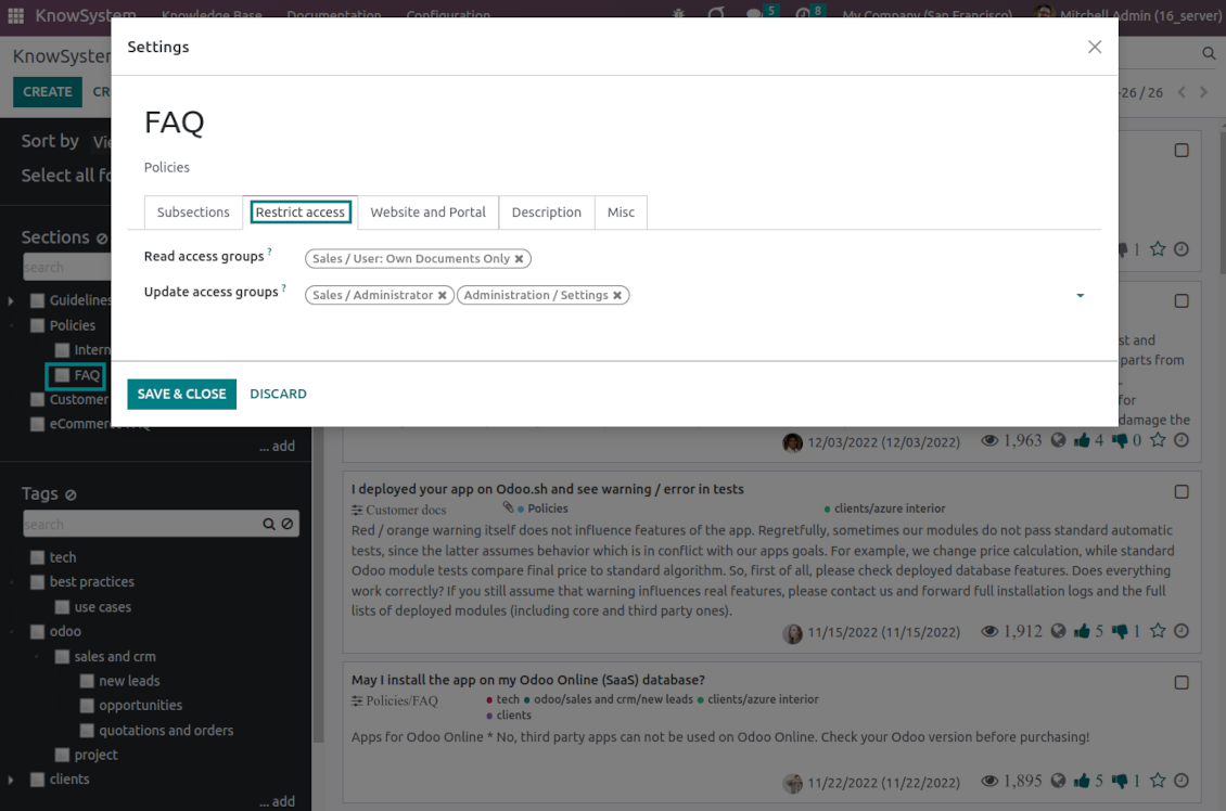 Odoo knowledge base system: sections