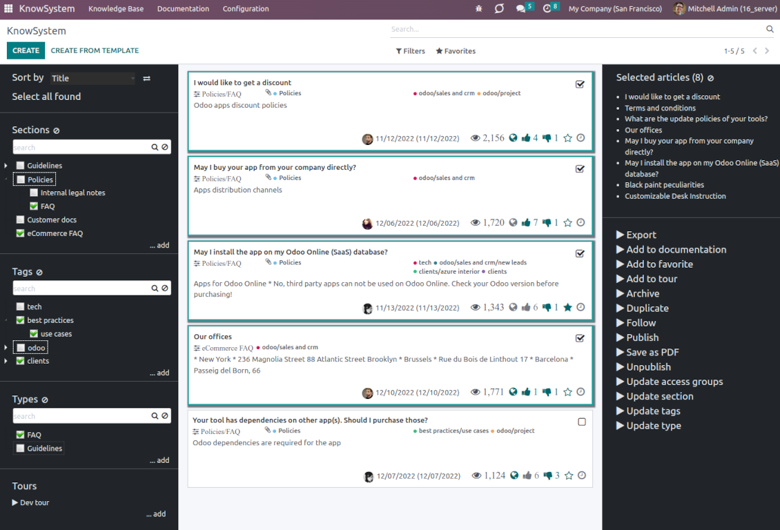 Odoo knowledge system: mass actions for selected articles