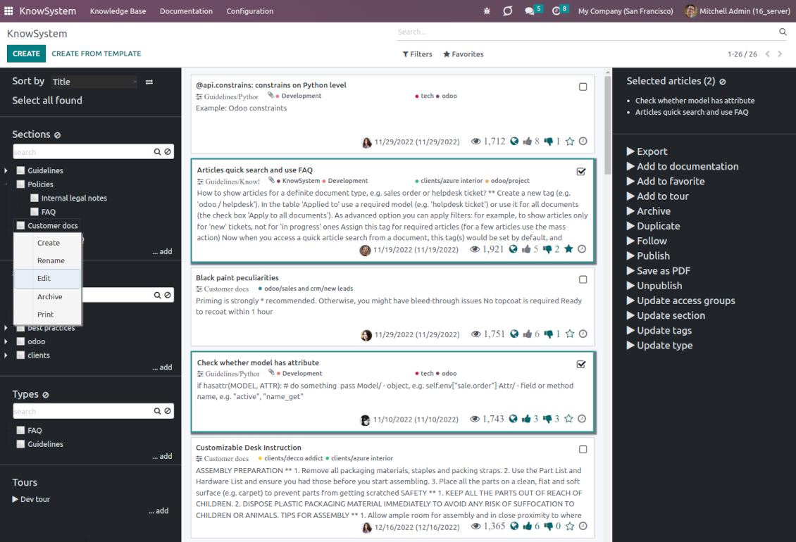 Odoo knowledge base navigation
