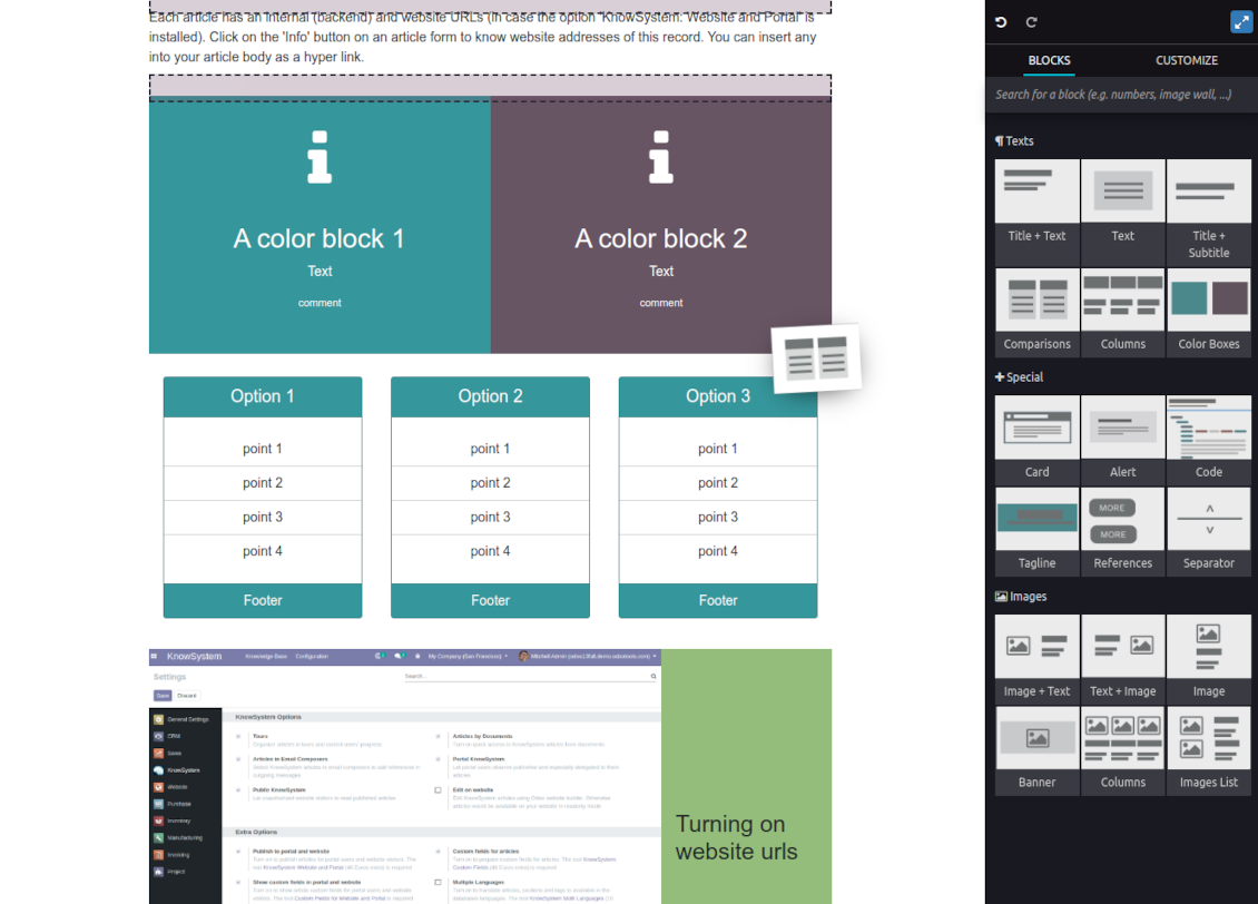 Drag and drop Odoo blocks to construct an article