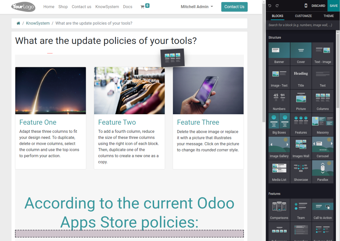 Website building blocks for Odoo KMS