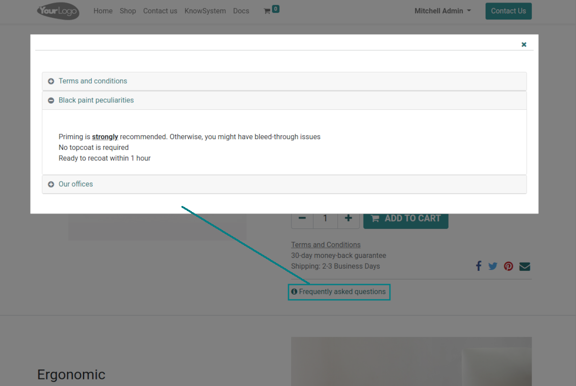 Knowledge articles for Odoo products: a popup