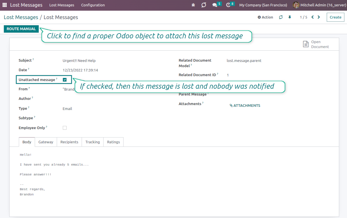 Open the Odoo wizard to address lost messages
