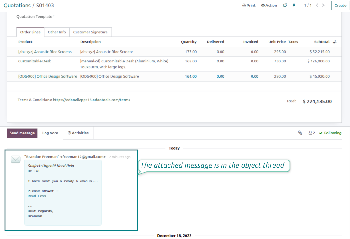 The Odoo object with lost messages