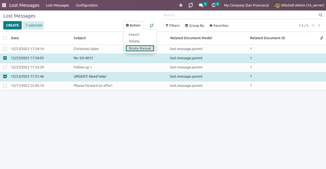 Odoo unattached messages tree and menu