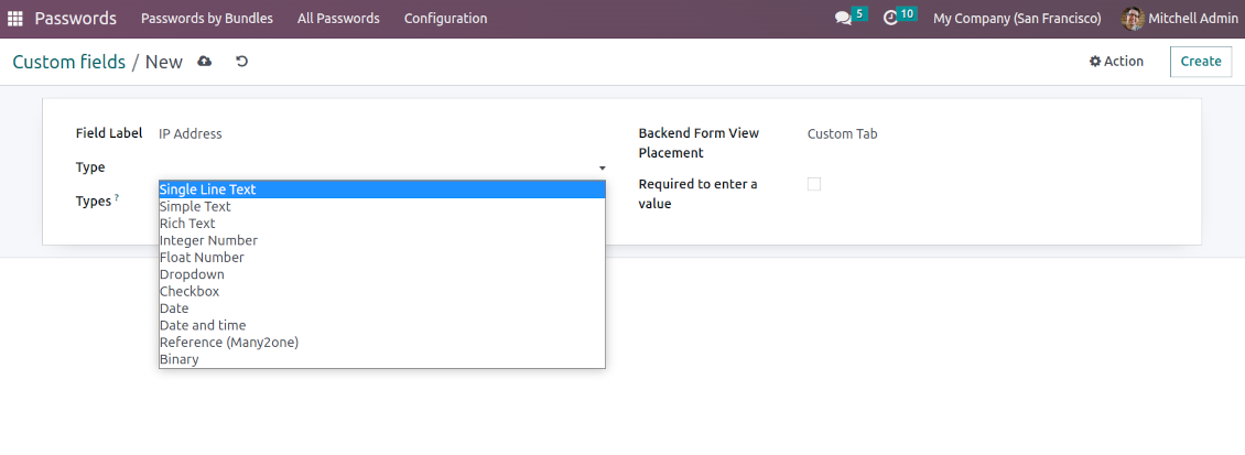 Types of custom fields for access keys