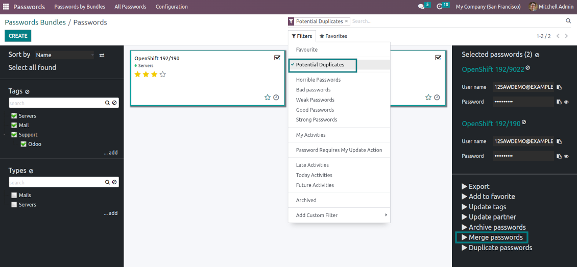 Passwords duplicates filter