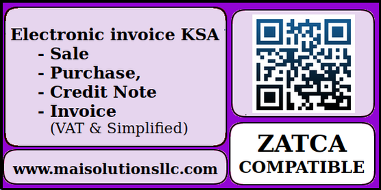 Electronic invoice KSA - Sale, Purchase, Invoice, Credit Note, Debit Note | Invoice based on TLV Base64 string QR Code | Saudi Electronic Invoice with Base64 TLV QRCode | Saudi Invoice QR Code